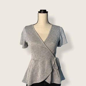 Caution to the Wind Striped Faux Wrap Peplum Top